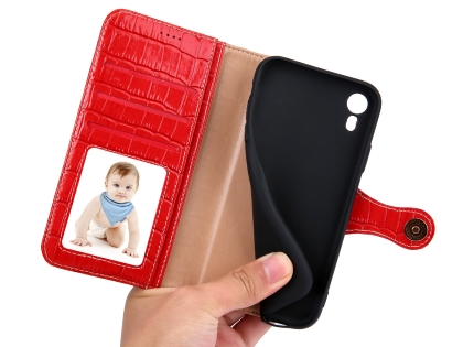 Crocodile Patterned Top-Grain leather Wallet Case for iPhone XR - Red