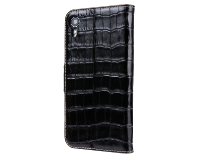 Crocodile Patterned Top-Grain leather Wallet Case for iPhone XR - Black
