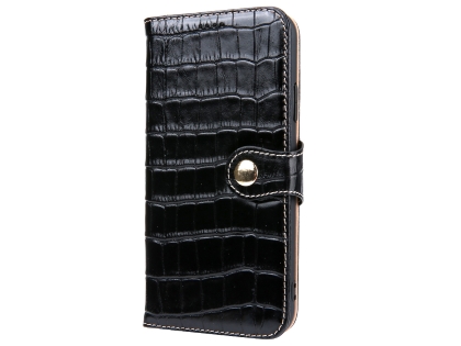 Crocodile Patterned Top-Grain leather Wallet Case for iPhone XR - Black