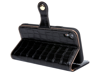 Crocodile Patterned Top-Grain leather Wallet Case for iPhone XR - Black