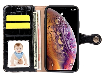 Crocodile Patterned Top-Grain leather Wallet Case for iPhone XR - Black