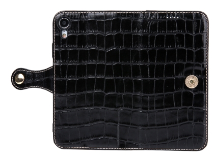 Crocodile Patterned Top-Grain leather Wallet Case for iPhone XR - Black