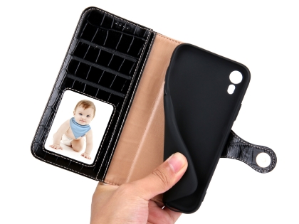 Crocodile Patterned Top-Grain leather Wallet Case for iPhone XR - Black