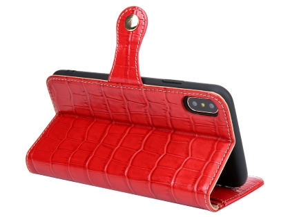 Crocodile Patterned Top-Grain Leather Wallet Case for iPhone Xs Max - Red