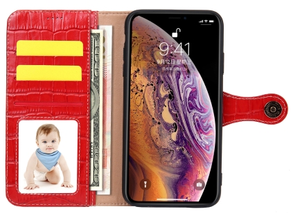 Crocodile Patterned Top-Grain Leather Wallet Case for iPhone Xs Max - Red