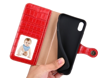 Crocodile Patterned Top-Grain Leather Wallet Case for iPhone Xs Max - Red