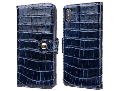 Crocodile Patterned Top-Grain Leather Wallet Case for iPhone Xs Max - Blue Leather Wallet Case