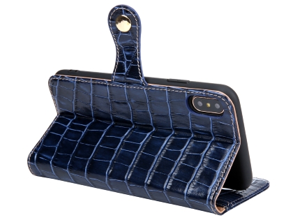 Crocodile Patterned Top-Grain Leather Wallet Case for iPhone Xs Max - Blue