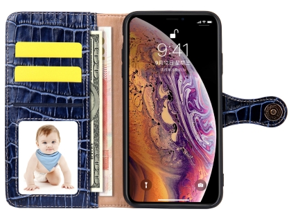 Crocodile Patterned Top-Grain Leather Wallet Case for iPhone Xs Max - Blue