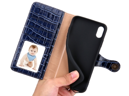 Crocodile Patterned Top-Grain Leather Wallet Case for iPhone Xs Max - Blue