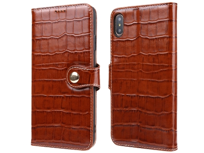Crocodile Patterned Top-Grain Leather Wallet Case for iPhone Xs Max - Brown Leather Wallet Case