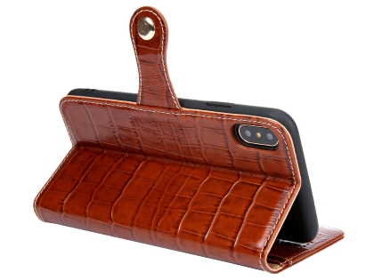 Crocodile Patterned Top-Grain Leather Wallet Case for iPhone Xs Max - Brown