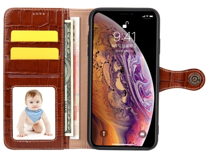 Crocodile Patterned Top-Grain Leather Wallet Case for iPhone Xs Max - Brown