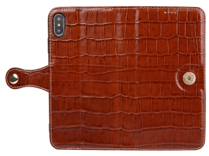 Crocodile Patterned Top-Grain Leather Wallet Case for iPhone Xs Max - Brown