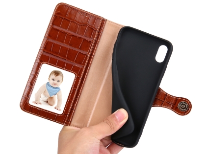 Crocodile Patterned Top-Grain Leather Wallet Case for iPhone Xs Max - Brown