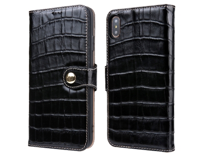 Crocodile Patterned Top-Grain Leather Wallet Case for iPhone Xs Max - Black