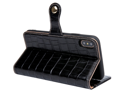 Crocodile Patterned Top-Grain Leather Wallet Case for iPhone Xs Max - Black