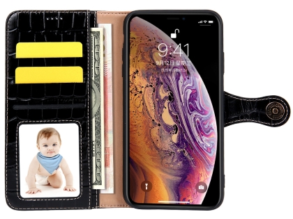 Crocodile Patterned Top-Grain Leather Wallet Case for iPhone Xs Max - Black