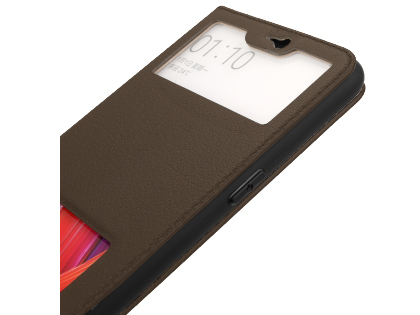 Top Grain Leather Case With Windows for OPPO R15 - Brown