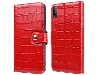 Crocodile Patterned Top-Grain Leather Wallet Case for iPhone Xs Max - Red Leather Wallet Case